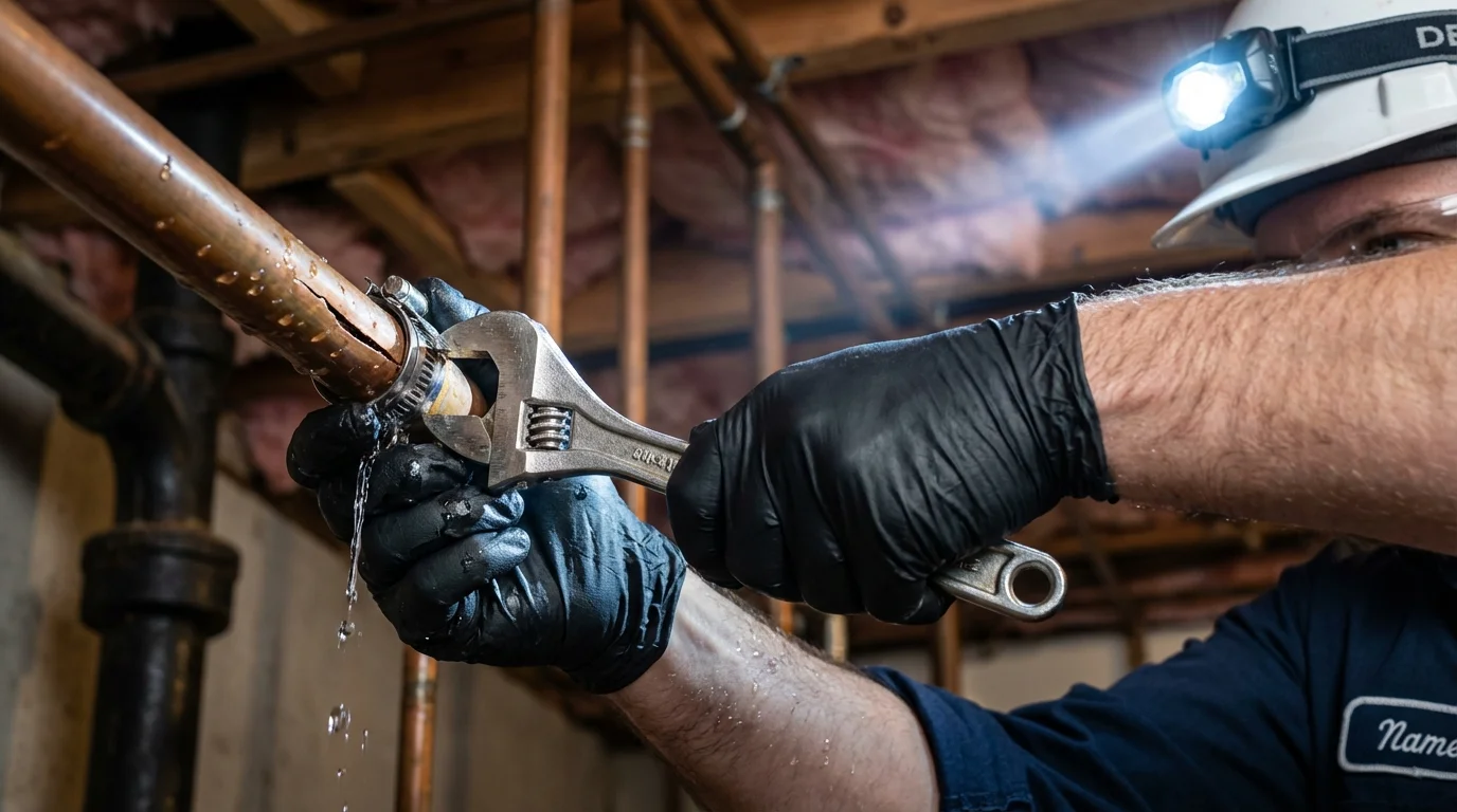 Emergency pipe clamp repair being performed by a Johns Plumbing LLC plumber in Nolanville