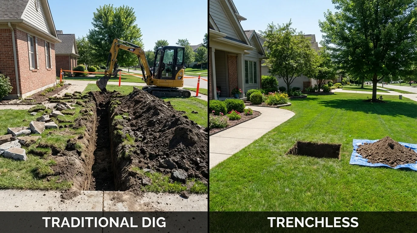 Trenchless sewer repair with minimal yard damage versus traditional excavation in Nolanville, TX