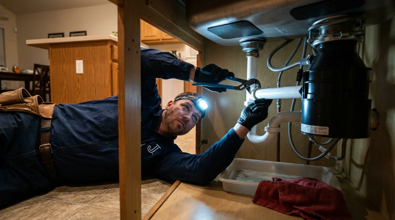 P-trap and supply line connections under a kitchen sink showing a common leak point in Nolanville, TX